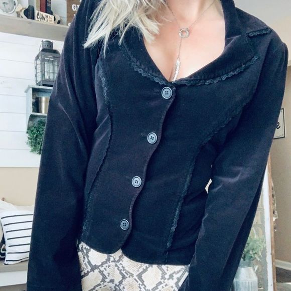 Vintage 90s Lip Service Hot Topic black velvet corset lace up back blazer jacket - Picture 3 of 12